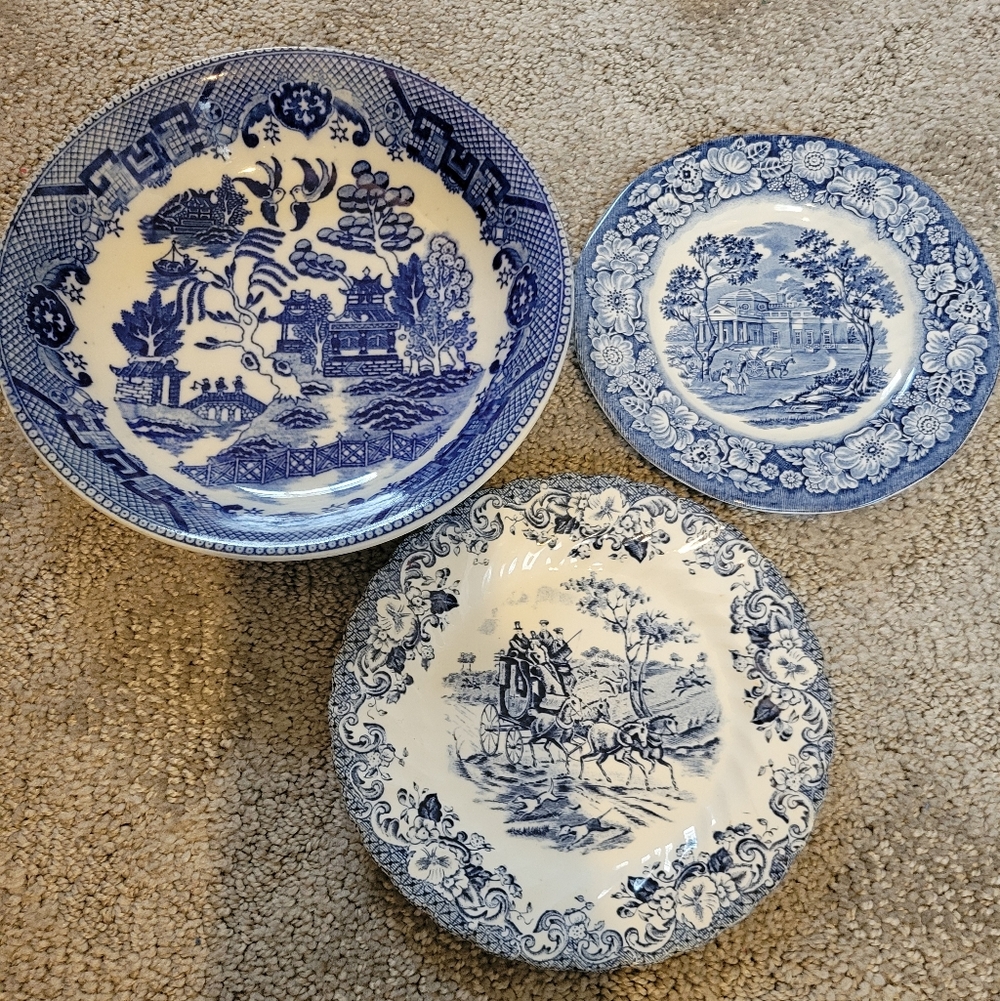 Blue and White Porcelain Plates And Bowel Set Of Three